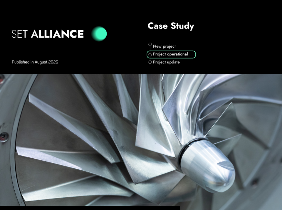SET Alliance case study cover, August 2026, showing a close-up of a high speed turbo compressor impeller.