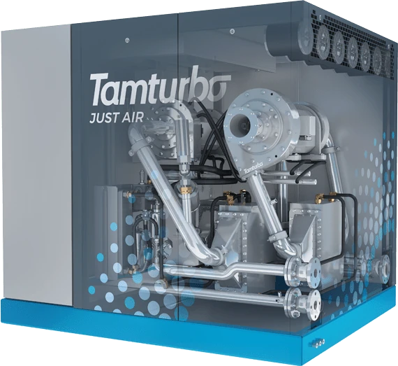 Tamturbo turbo compressor cutaway view showing active magnetic bearings and internal components