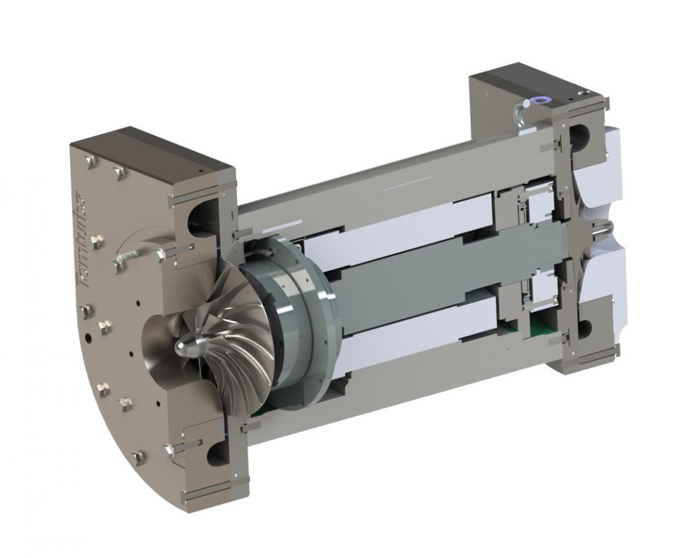 Cross section of turbo compressor core, permanent magnet motor, AMBs and turbos